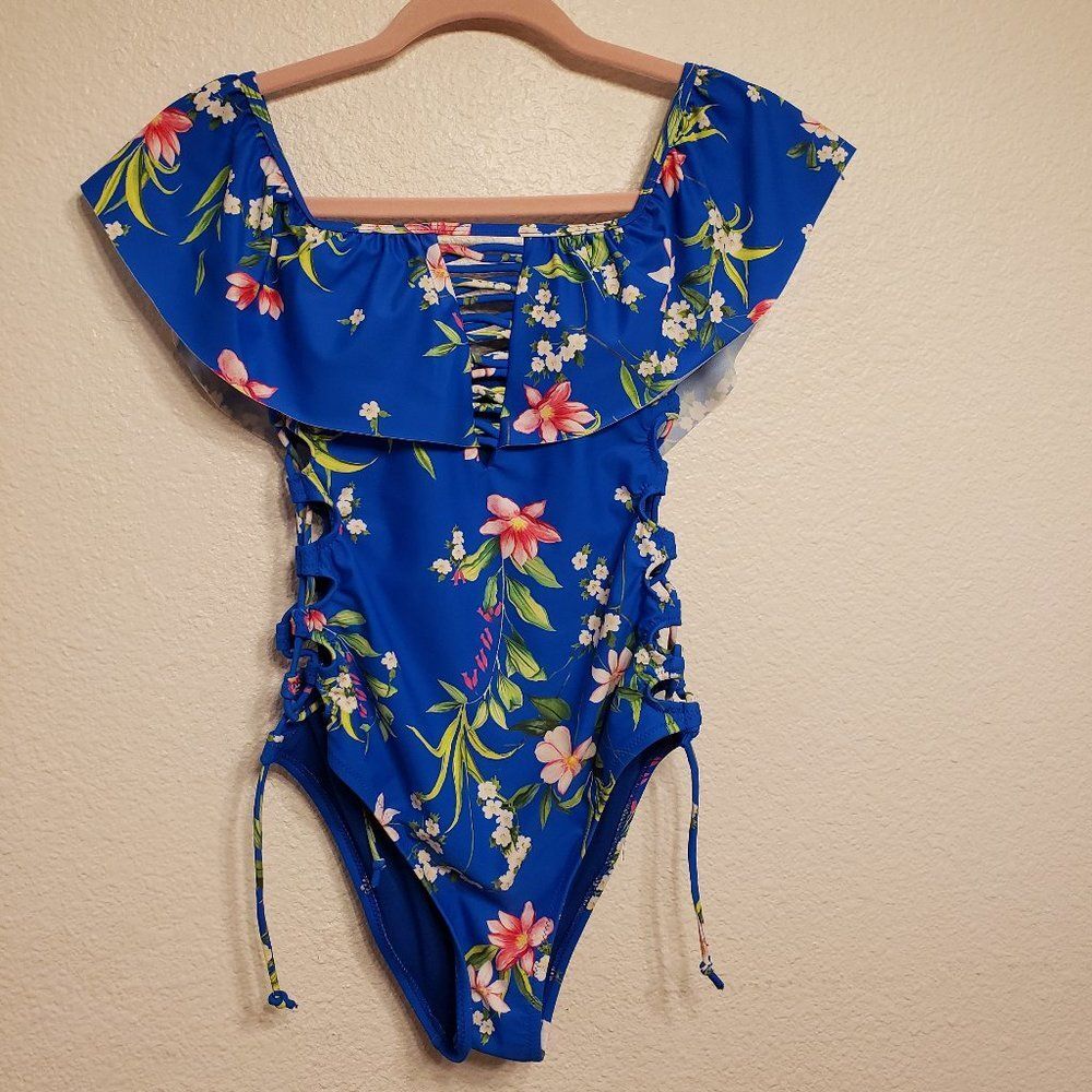 Tinibikini One piece blue floral ruffle swimsuit Xs